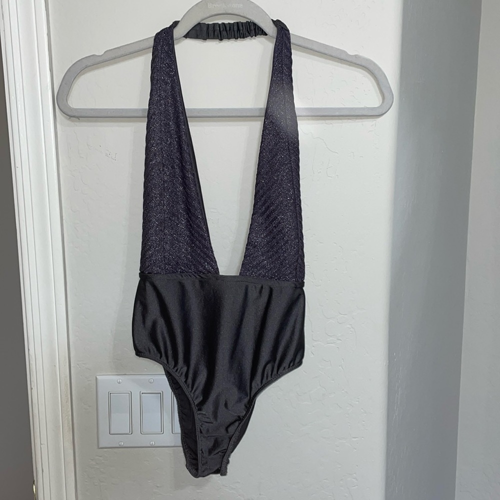 Out From Under Size S Shimmer Bodysuit with Plunging Neckline